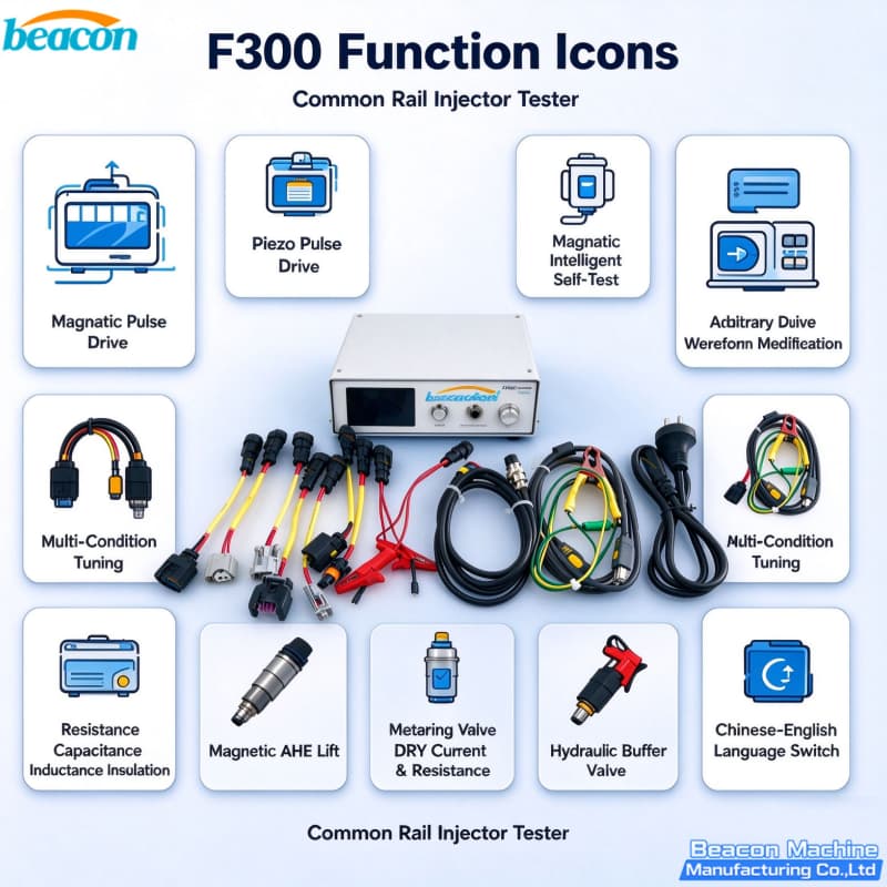 Esquema de funciones F300 pulso piezo solenoide inductancia capacitancia aislamiento Beacon Machine